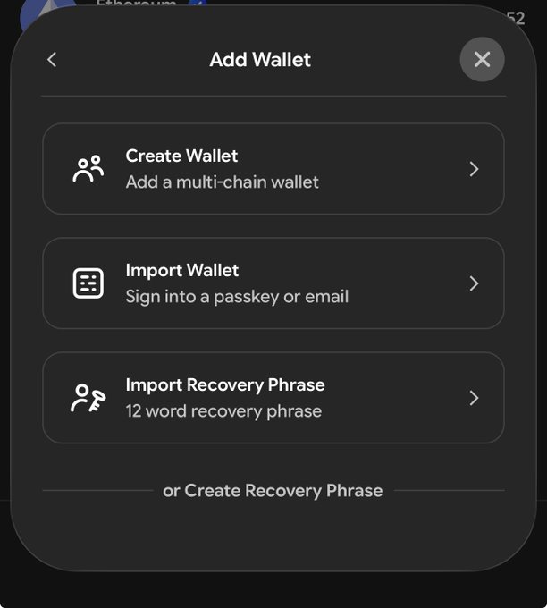 This image shows the "Add Wallet" screen of the @baseapp, displaying options to "Create Wallet," "Import Wallet," and "Import Recovery Phrase." It illustrates the options available when adding a wallet, which may not appear if the app is not updated.