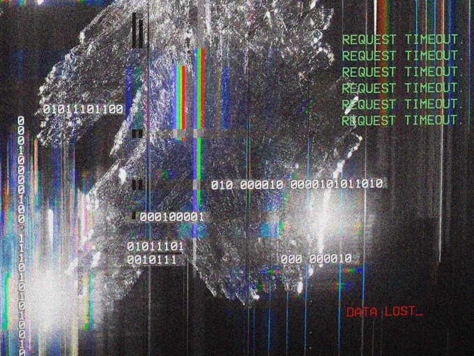 A glitched, corrupted digital image displays scattered binary code, repeated 'REQUEST TIMEOUT' messages in green, and the red text '_DATA LOST_' overlaid on a distorted, monochromatic background.