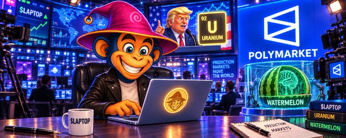 An AI-generated image of a cartoon monkey wearing a purple witch hat working at a laptop, with a TV showing Donald Trump and 'URANIUM', and a 'POLYMARKET' sign beside a watermelon wearing headphones, with books labeled 'SLAPTOP', 'URANIUM', and 'WATERMELON'.