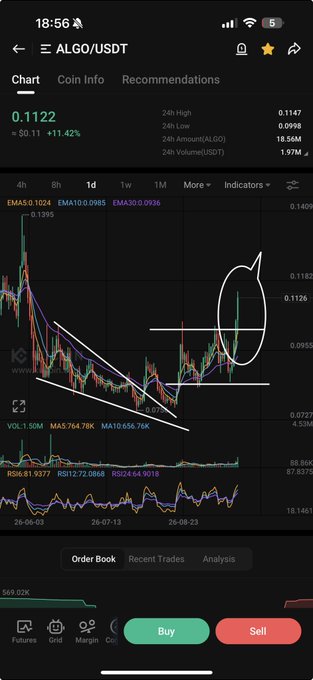 A mobile chart screenshot of the ALGO/USDT trading pair showing a current price of $0.1122 (up 11.42%) with technical analysis—EMA lines and hand-drawn descending trendlines converging into a circled breakout pattern near the $0.0955–$0.1126 range.