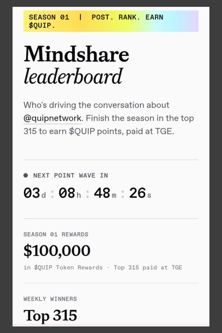 Promotional graphic for the 'Mindshare leaderboard' showing a countdown timer of 03d 08h 48m 26s until the next point wave, with $100,000 in $QUIP token rewards for Season 01.