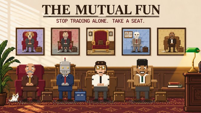 Promotional banner for 'THE MUTUAL FUN' with the tagline 'STOP TRADING ALONE. TAKE A SEAT.' featuring pixel art characters sitting in chairs.