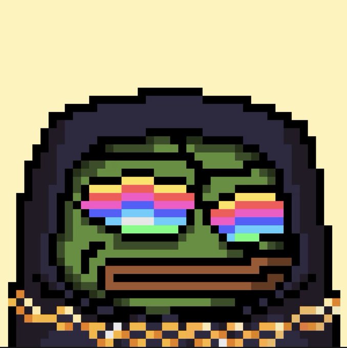 A pixel-art illustration of a hooded green figure wearing rainbow-striped sunglasses and a gold chain.