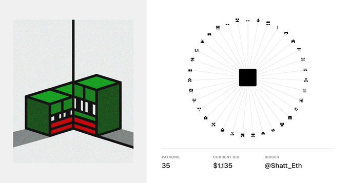 A digital art listing page displays a 3D isometric illustration of stacked green, white, and red cubes on the left. The right side shows a radial graph of bidders, with text indicating 'PATRONS 35', 'CURRENT BID $1,135', and 'BIDDER @Shatt_Eth'.
