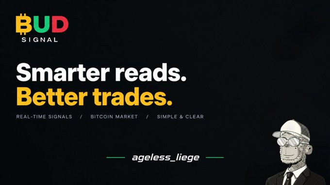 A promotional banner for "BUD Signal" displays the tagline "Smarter reads. Better trades." alongside features like "REAL-TIME SIGNALS," "BITCOIN MARKET," and "SIMPLE & CLEAR," crediting "ageless_liege," with a cartoon ape wearing a suit and sunglasses in the corner. The image visually reinforces the post's theme about how BUD Signal simplifies Bitcoin trading by cutting through overwhelming data like open interest and order book information.