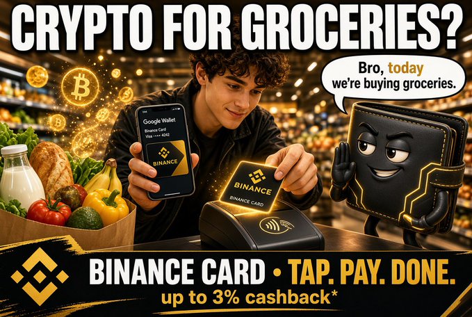 The image is a Binance advertisement showing a young man holding a phone with Google Wallet displaying the Binance Card, alongside groceries and a tap-to-pay terminal, while an animated wallet character says "Bro, today we're buying groceries." The bold text reads "CRYPTO FOR GROCERIES?" and "BINANCE CARD • TAP. PAY. DONE. up to 3% cashback*," illustrating how the Binance Card can be added to Google Wallet and used like a regular card for everyday purchases like groceries.