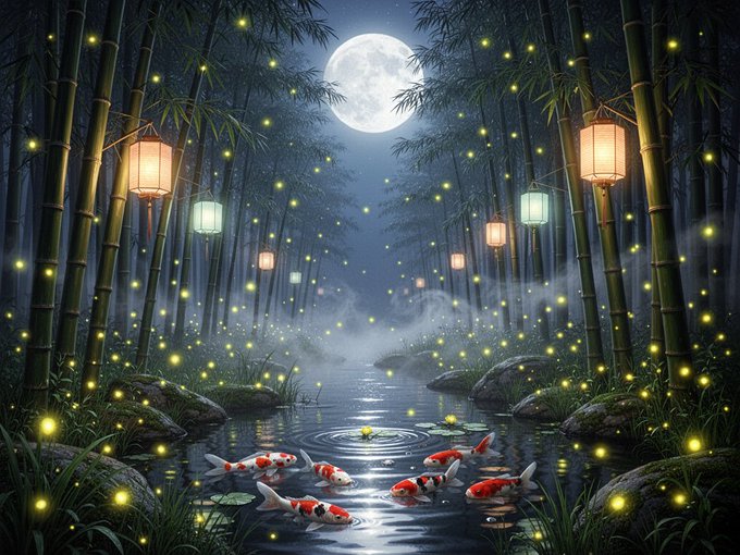 A fantasy digital artwork depicting a moonlit bamboo forest with glowing paper lanterns, fireflies, and koi fish swimming in a tranquil pond.