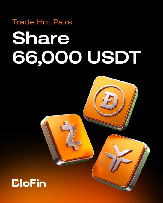 Promotional graphic from BloFin featuring three golden 3D crypto tokens—DOGE, ZEC, and XRP—with the headline "Trade Hot Pairs" and "Share 66,000 USDT," visually highlighting the futures trading promotion mentioned in the post.