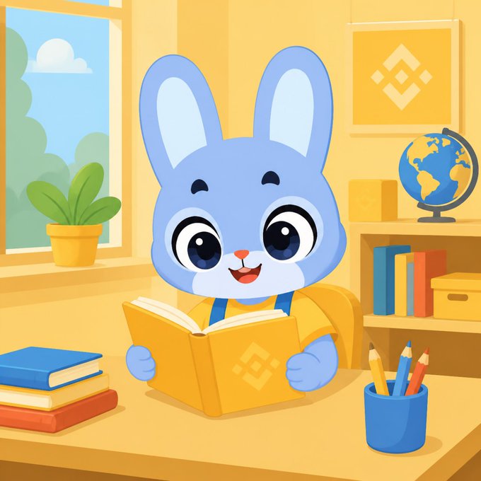 A cartoon illustration of a blue bunny with large eyes reading a yellow book at a desk, surrounded by a globe, books, pencils, and a potted plant in a cheerful yellow room.