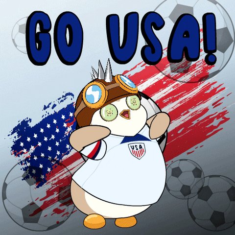 The image features a cartoon penguin wearing a white shirt, blue pants, and goggles, standing against an American flag backdrop. The penguin appears to be waving at the camera while holding a soccer ball. Below the penguin's feet are several soccer balls scattered around in various sizes and colors. In the bottom right corner of the image, there is text that reads "Go USA!".