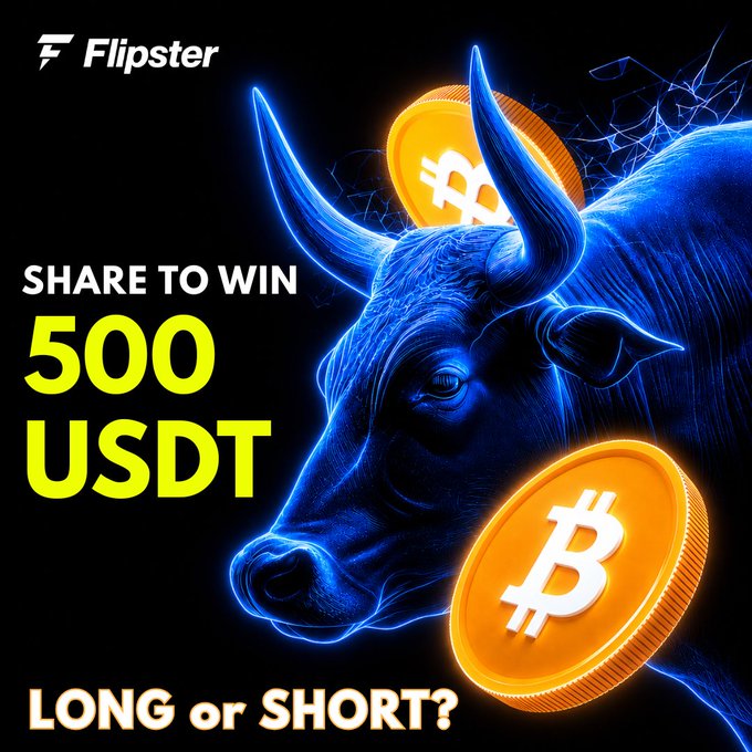 A promotional advertisement for Flipster featuring a glowing blue bull and Bitcoin coins with the text 'SHARE TO WIN 500 USDT' and 'LONG or SHORT?' against a dark background.
