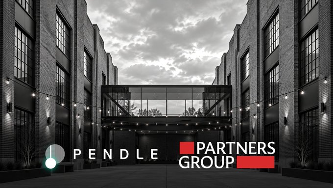 A black and white image of a brick building courtyard with string lights, featuring the logos "PENDLE" and "PARTNERS GROUP".