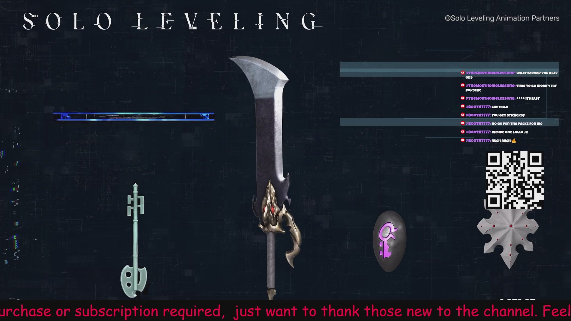 The image features a poster with various items, including a sword, key, shield, and a book. The poster also includes text that reads "Solo Leveling" and " subscription required just want to thank those new to the channel". The poster is related to a streaming platform called "NTE Live!", which offers digital collectibles for sale.