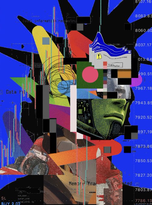 A chaotic digital art collage featuring a green-skinned humanoid figure, stock market charts, a 'Connection error' dialog box, the Binance logo, Bitcoin imagery, and various glitchy text elements on a bright blue background.