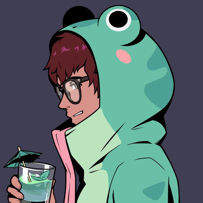 An anime-style illustration shows a person with glasses and brown hair wearing a green frog hoodie with a pink cheek, holding a drink with a small umbrella and a mint garnish.