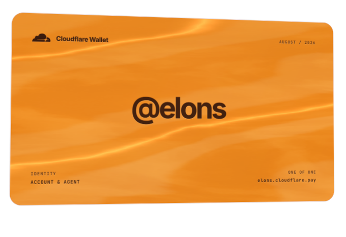An orange Cloudflare Wallet identity card dated August 2026 displaying the handle '@elons' with 'IDENTITY ACCOUNT & AGENT' and the URL 'elons.cloudflare.pay'.