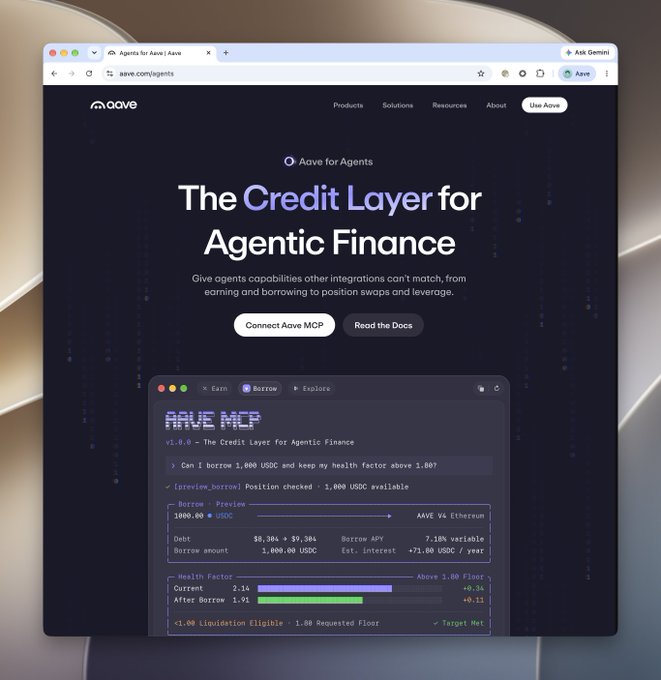 A dark-themed website screenshot for 'Aave for Agents' titled 'The Credit Layer for Agentic Finance,' showing an Aave MCP interface preview with details like 'Borrow 1,000 USDC' and 'AAVE V4 Ethereum.'