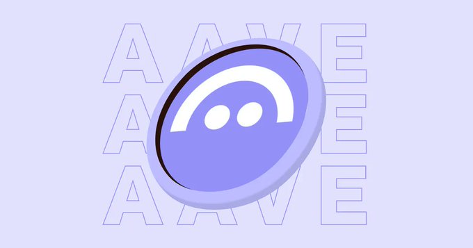 A digital illustration shows a purple chat bubble icon with three dots, set against a light purple background with the word 'AAVE' repeated in outlined letters.
