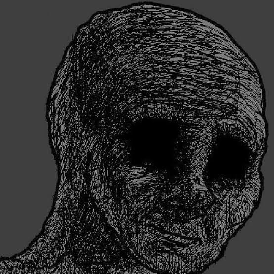 A dark, eerie sketch-style illustration of a shadowy figure with hollow eyes and a sinister smile against a gray background.