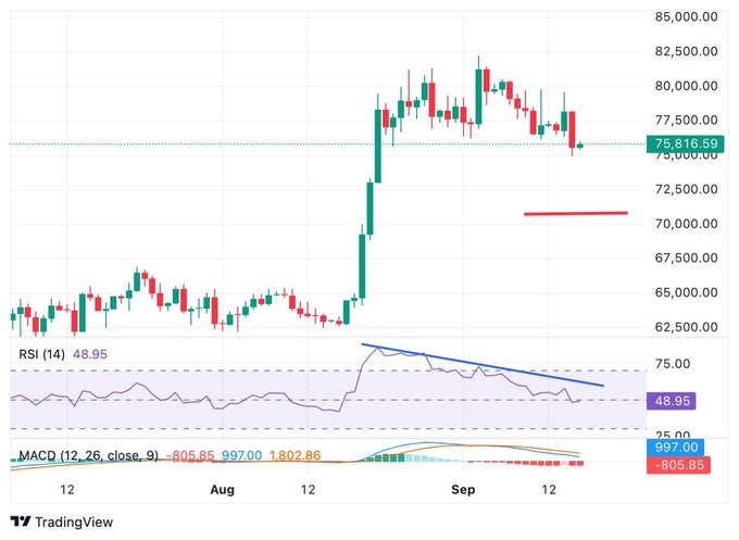 A TradingView candlestick chart for Bitcoin showing price around 75,816.59, with RSI at 48.95 and MACD indicators visible.