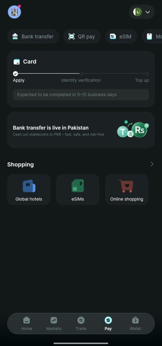 The image shows the "Pay" section of the Bitget Wallet app, highlighting a Card application with a status bar indicating "Apply," "Identity verification," and "Top up" stages, with a note that it's "Expected to be completed in 5-15 business days." This relates to the post by illustrating the user's ongoing wait for their Bitget Wallet Card after completing KYC nearly 20 days ago, well beyond the stated processing window.