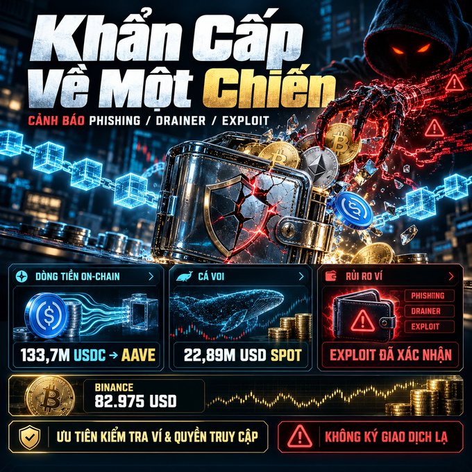 A Vietnamese cryptocurrency security alert titled 'Khăn Cấp Về Một Chiến' warning about Phishing, Drainer, and Exploit threats, showing on-chain transactions including 133.7M USDC to AAVE and 22.89M USD spot, with BTC price at 82,975 USD.
