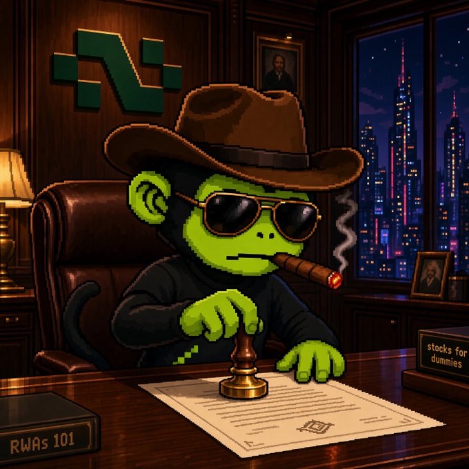 A pixel-art green monkey in sunglasses and a fedora smokes a cigar while stamping a document at a desk, with "RWAs 101" and "stocks for dummies" books nearby, visually representing MonkeyHood's verification post for the reserve-backed $NOTHING RWA token on Robinhood Chain.