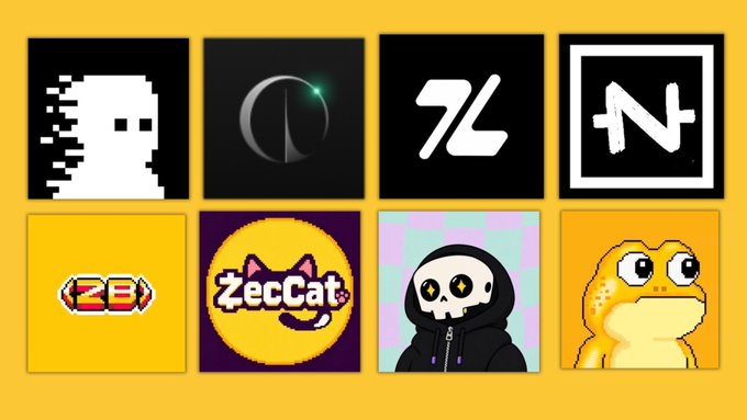A yellow background displays eight square NFT icons arranged in two rows, featuring designs like a pixelated ghost, a green eye, stylized '7L' text, an 'N+', a 'ZB' logo, 'ZecCat', a skull in a hoodie, and a yellow frog-like character.