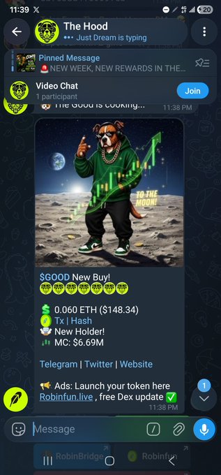 A Telegram chat screen for 'The Hood' displays a crypto message featuring an anthropomorphic dog in a green hoodie standing on the moon, advertising '$GOOD New Buy!' at 0.060 ETH ($148.34) with an address '2vTo76a'.