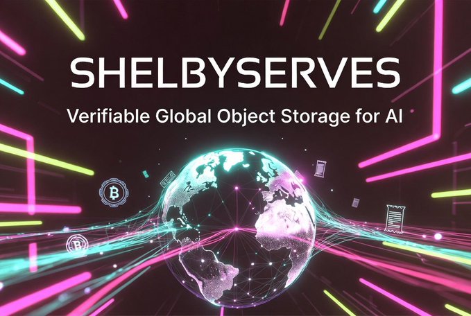 A promotional graphic for 'SHELBYSERVES' advertising 'Verifiable Global Object Storage for AI' featuring a neon-lit digital globe with Bitcoin symbols.