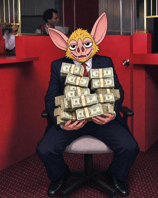 A man in a suit sits in an office chair clutching stacks of hundred-dollar bills, wearing an animated cartoon mask of a pig/bat creature. The image is a satirical illustration fitting the "hoodrat vision" theme, depicting an exaggerated caricature of shady wealth or financial corruption.