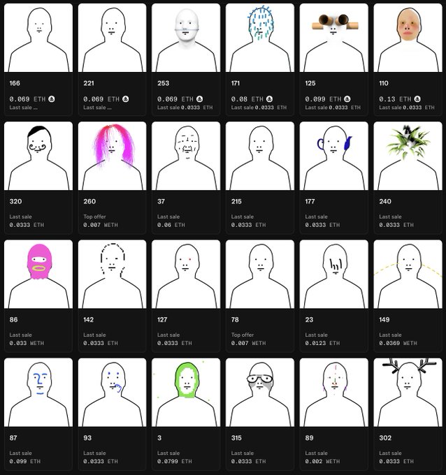 A grid display of 24 NFT profile pictures (PFPs) showing minimalist line-drawn faces with various traits and attributes, each labeled with an ID number and ETH price information such as 'Last sale 0.0333 ETH' or 'Top offer 0.069 ETH'.