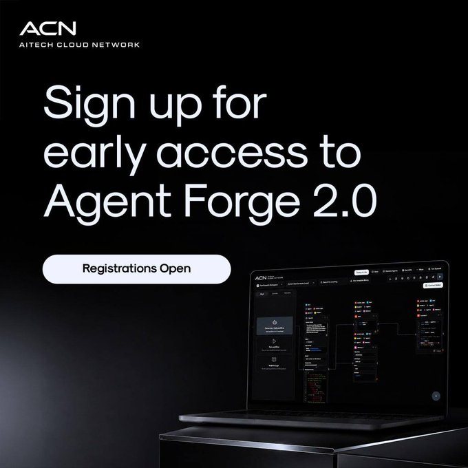 The image shows a laptop computer sitting on top of a table against a black background. The text displayed on the screen reads "Sign up for early access to Agent Forge 2.0", indicating that the user has already signed up for this service, which is designed to streamline and optimize workflow processes using artificial intelligence and machine learning capabilities.