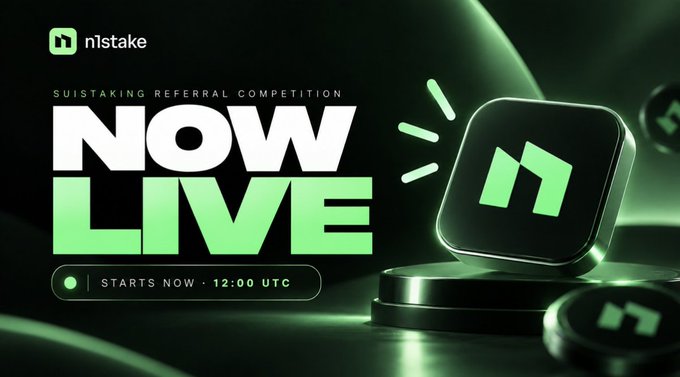 A promotional graphic for nlstake announces a 'SUISTAKING REFERRAL COMPETITION' that is 'NOW LIVE', starting at 12:00 UTC.