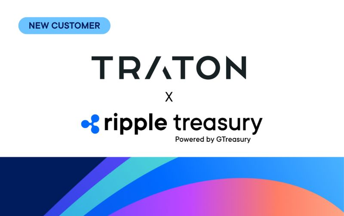 A promotional graphic featuring 'NEW CUSTOMER' badge alongside the logos for 'TRATON' and 'ripple treasury Powered by GTreasure' on a colorful gradient background.