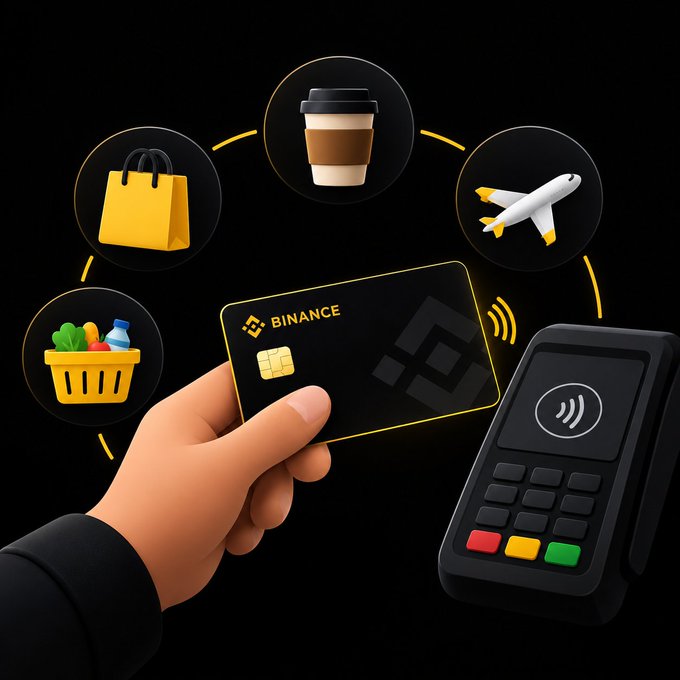 A hand holds a black Binance-branded card near a contactless payment terminal, surrounded by icons representing coffee, travel, and groceries—illustrating how Binance Card enables eligible users to spend their crypto on everyday purchases at participating merchants.