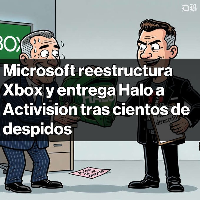 A cartoon image depicting an office scene with a nervous sweating man receiving a Halo-themed item from a confident man holding a folder, overlaid with Spanish text: 'Microsoft reesestructura Xbox y entrega Halo a Activision tras cientos de despidos'.
