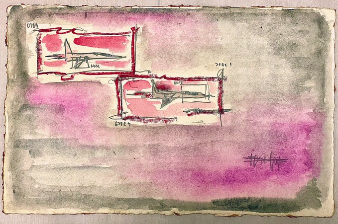 A watercolor sketch on aged paper featuring pink and gray washes with red ink frames around rough drawings and handwritten text annotations.