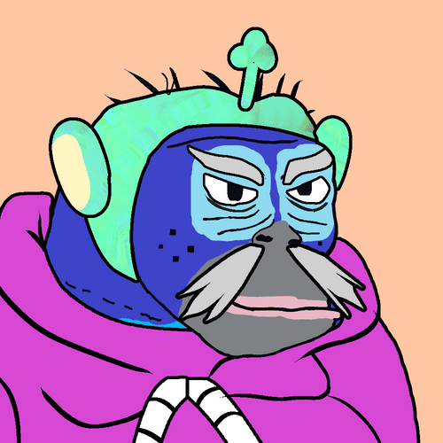 A cartoon drawing of a character with a teal helmet featuring a clover, a gray mustache, and a purple garment.