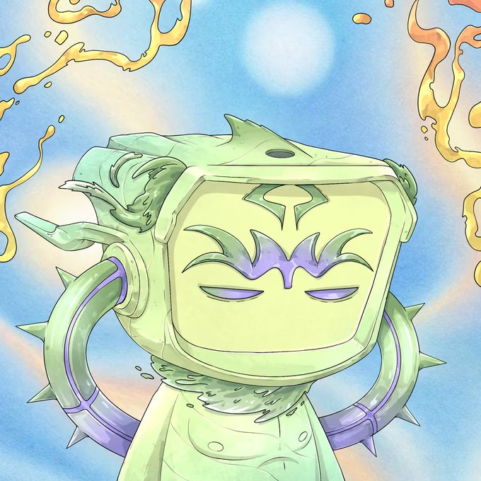 An anime-style illustration of a green, block-headed character with a grumpy expression, purple markings under closed eyes, and spiked ring-like appendages on the sides of its head, set against a blue sky background.