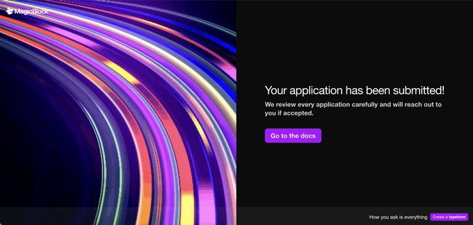 Confirmation screen reading 'Your application has been submitted!' from MagicBlock with a colorful abstract graphic on the left and a 'Go to the docs' button.