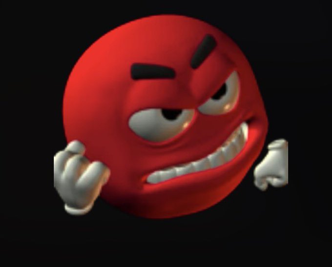 A 3D-rendered red angry smiley ball with clenched fists and a toothy grimace against a black background, visually embodying the poster's rage toward people who claim unemployed traders must work for money while meme stocks like GME defy conventional wisdom.