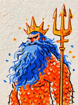 A vibrant watercolor painting of Poseidon, the Greek god of the sea, featuring a blue beard, golden crown, and trident against a textured white backdrop.