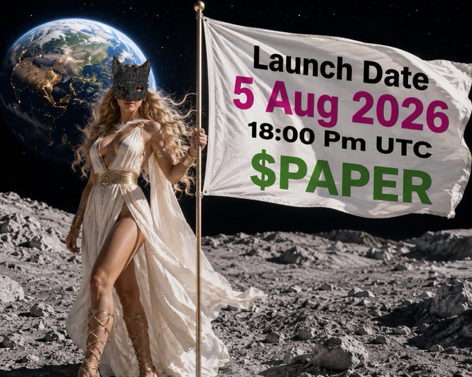 A promotional image featuring a woman in a white dress and mask holding a flag that reads 'Launch Date 5 Aug 2026 18:00 Pm UTC $PAPER' with Earth in the background.