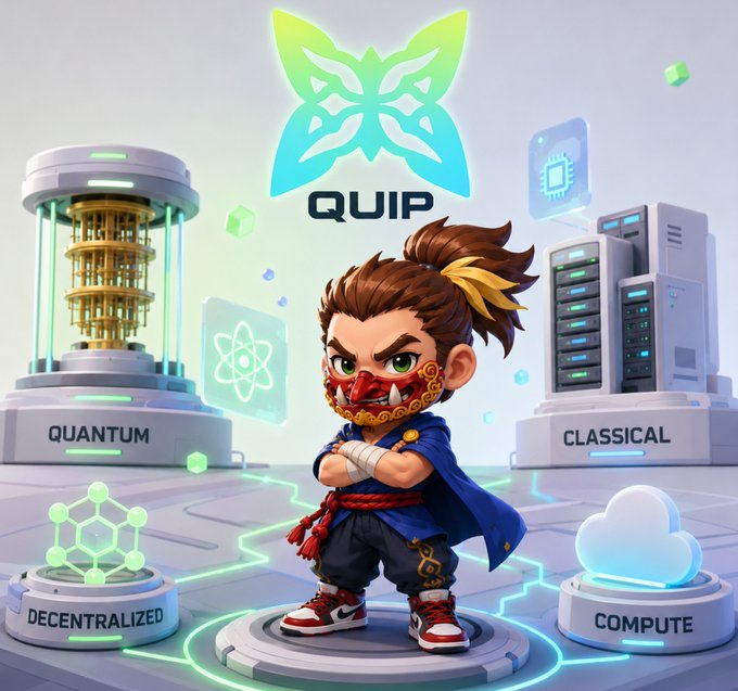 A promotional image for "QUIP" featuring a stylized ninja-like character surrounded by labeled pedestals reading "QUANTUM", "CLASSICAL", "DECENTRALIZED", and "COMPUTE".