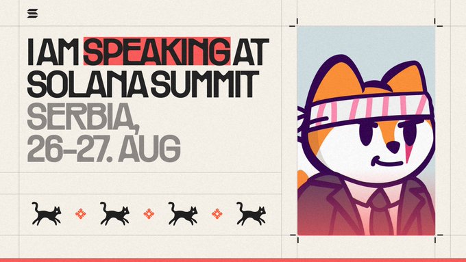 A promotional graphic featuring a cartoon cat wearing a striped headband, with text announcing 'I AM SPEAKING AT SOLANA SUMMIT SERBIA, 26-27. AUG' alongside small running cat icons.