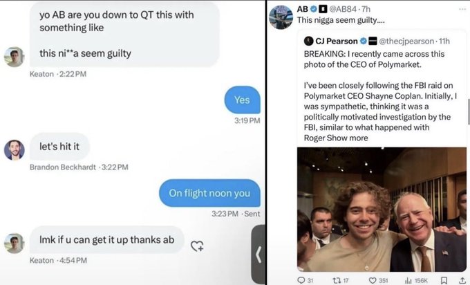 Screenshot of a tweet from @AB84 about Polymarket CEO Shayne Coplan, alongside text messages between Keaton and Brandon Beckhardt coordinating a post about the CEO looking 'guilty.'