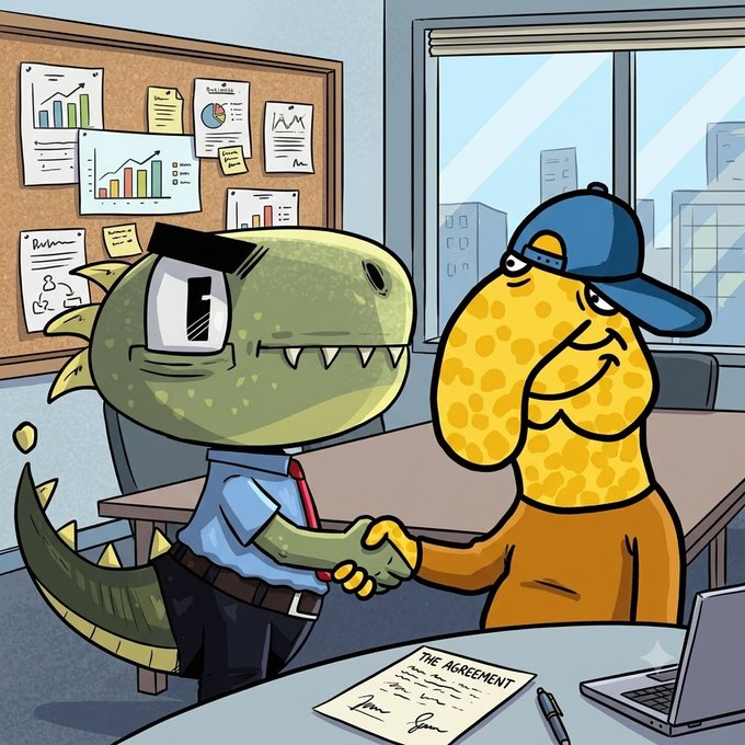 A colorful cartoon depicting a dinosaur in a blue shirt and tie shaking hands with a yellow snake wearing an orange shirt and a backward cap in an office setting, with a document labeled 'THE AGREEMENT' on the desk.