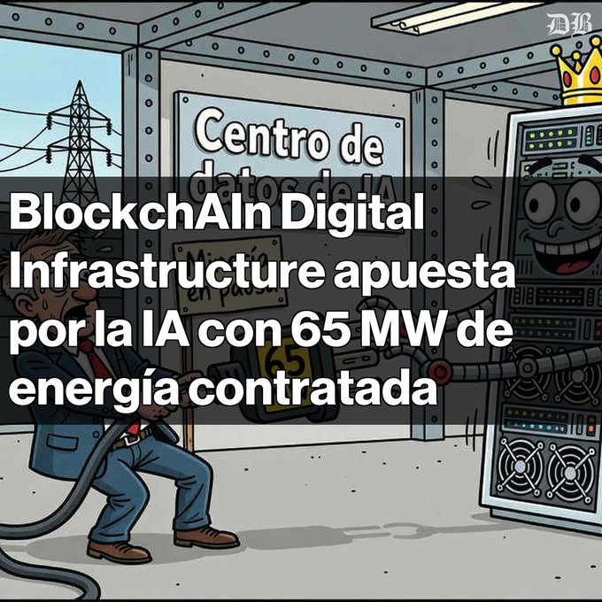 A cartoon illustration with Spanish text reading 'BlockchAIn Digital Infrastructure apuesta por la IA con 65 MW de energía contratada,' showing a man plugging a cable into an anthropomorphized server rack wearing a crown, with a 'Centro de datos' sign in the background.