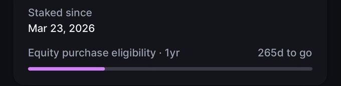 A UI panel showing "Staked since Mar 23, 2026" with equity purchase eligibility tracking at "265d to go" out of a 1-year period, visualizing a Backpack ($BP) staking journey as it approaches its 100-day milestone on the way to a target.